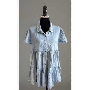 LB Collection Little Bipsy Chambray Dress Size XL Tiered Pockets Cottage Core